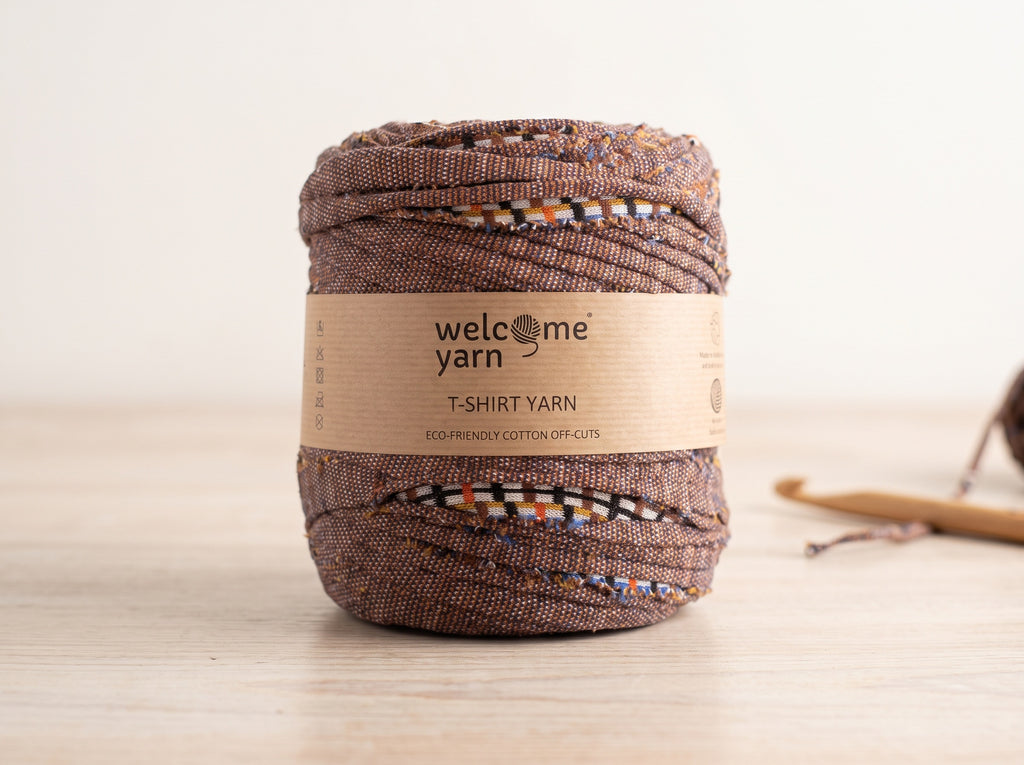 Trapilho Reciclado WelcomeYarn 120m – Castanho Mesclado Étnico | Fio de Malha Made in Portugal