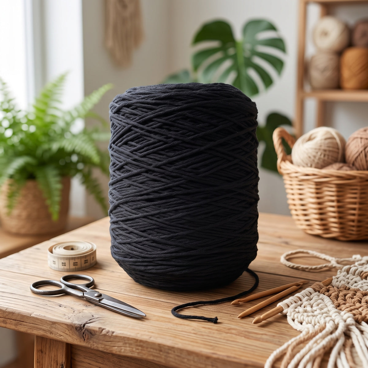 Fio Barbante XXL Preto 4mm WelcomeYarn (4.30kg / 860m) – Bobine Industrial de Algodão Reciclado para Macramé
