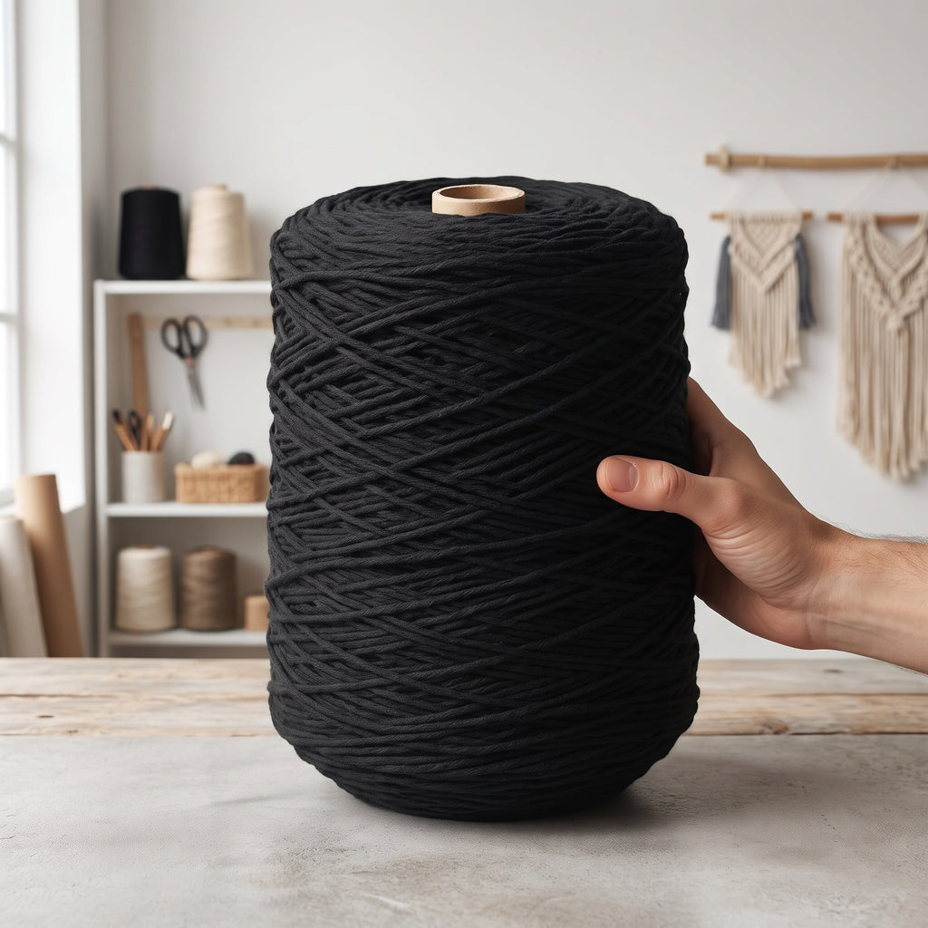 Fio Barbante XXL Preto 4mm WelcomeYarn (4.30kg / 860m) – Bobine Industrial de Algodão Reciclado para Macramé