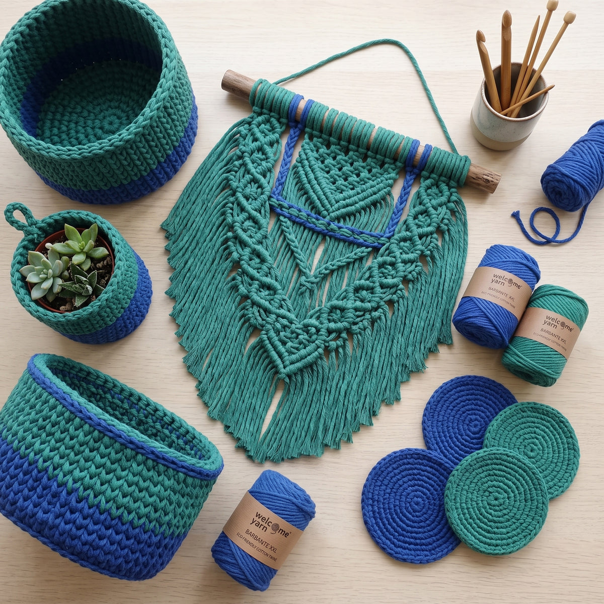 Pack 2 Barbante XXL WelcomeYarn – Algodão Reciclado 4mm (Azul e Verde)