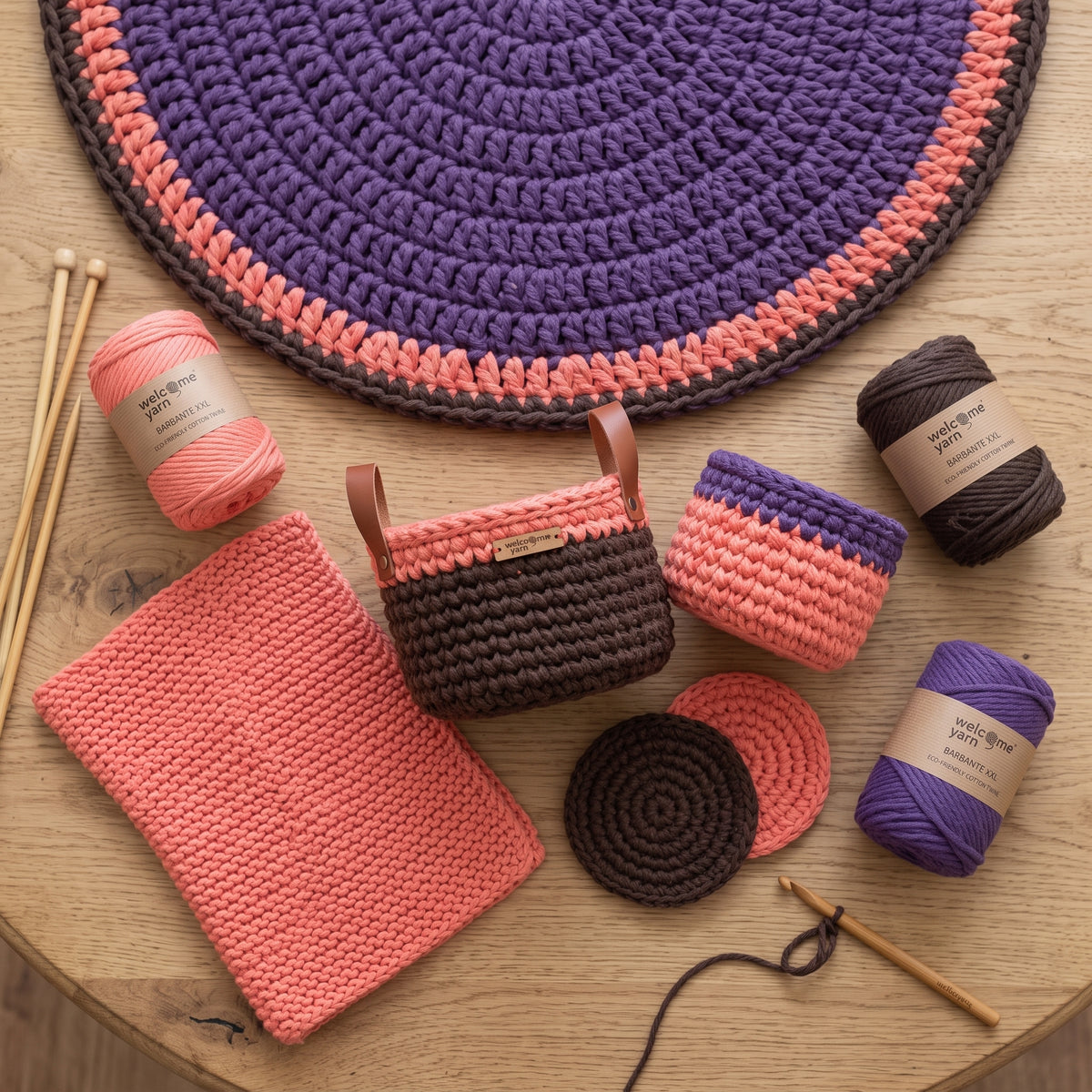Pack 3 Barbante XXL WelcomeYarn – Algodão Reciclado 4mm (Chocolate, Roxo e Rosa Coral)