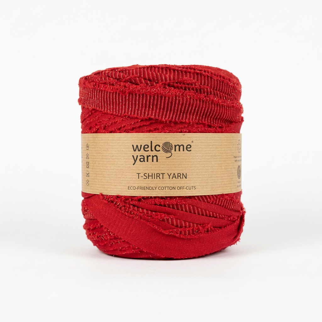 Rolo de Trapilho Residual Grosso WelcomeYarn Vermelho com Brilho Lurex – 120m (Made in Portugal)