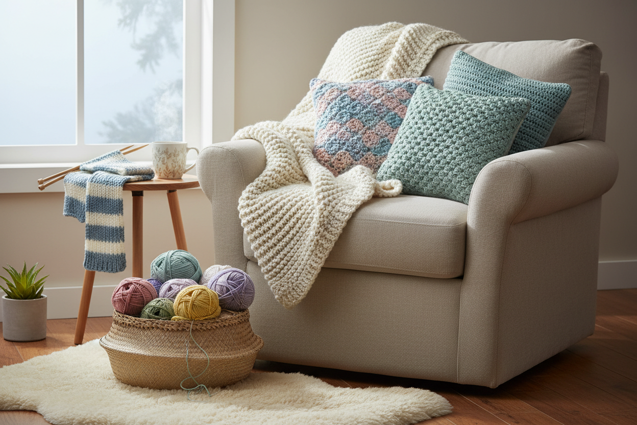 craft projects made with cotton yarn in a cozy home in wintertime